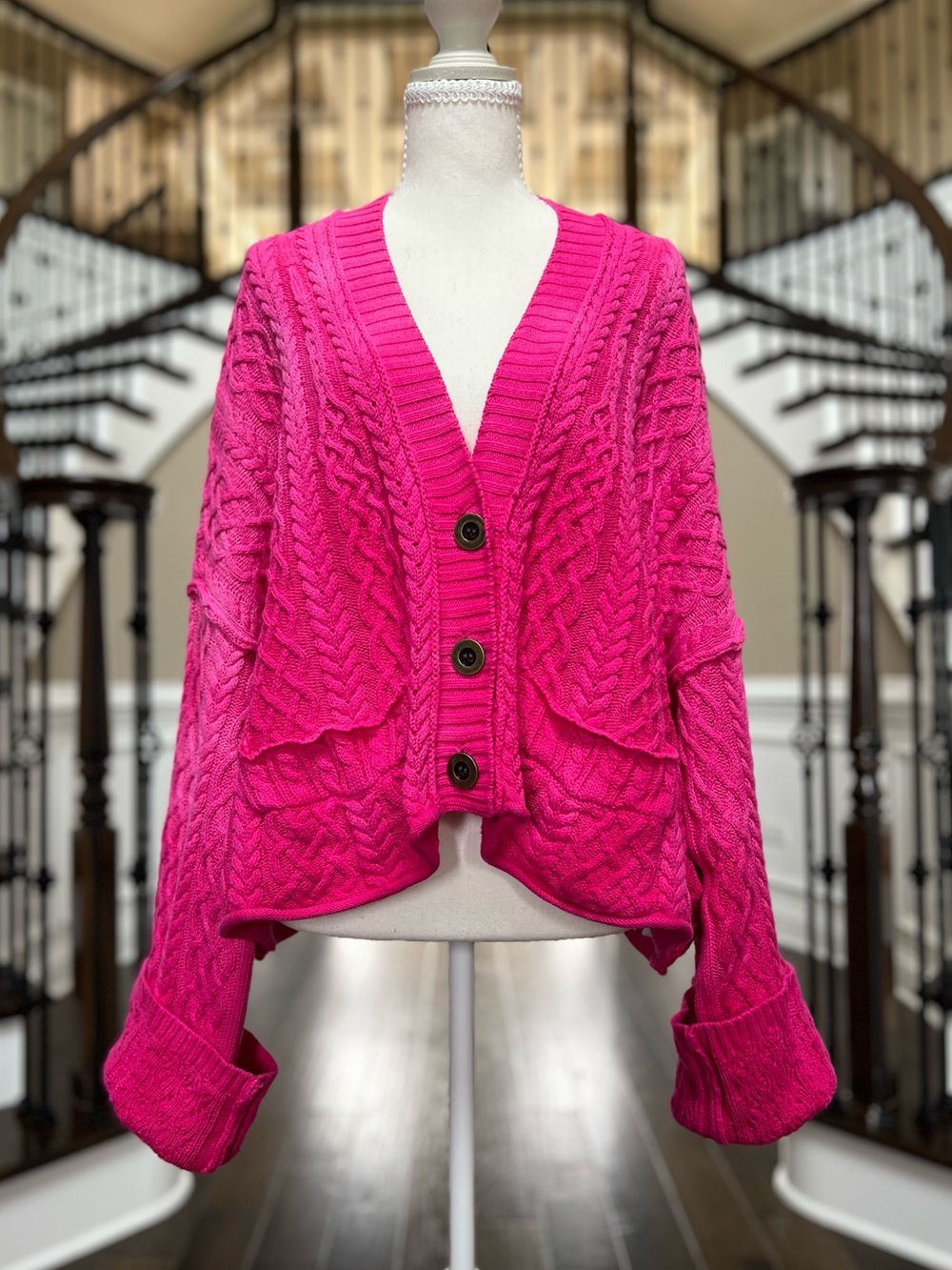 Free People Washed Ashore Pink Oversized Cable Knit Button Cardigan Sweater XS